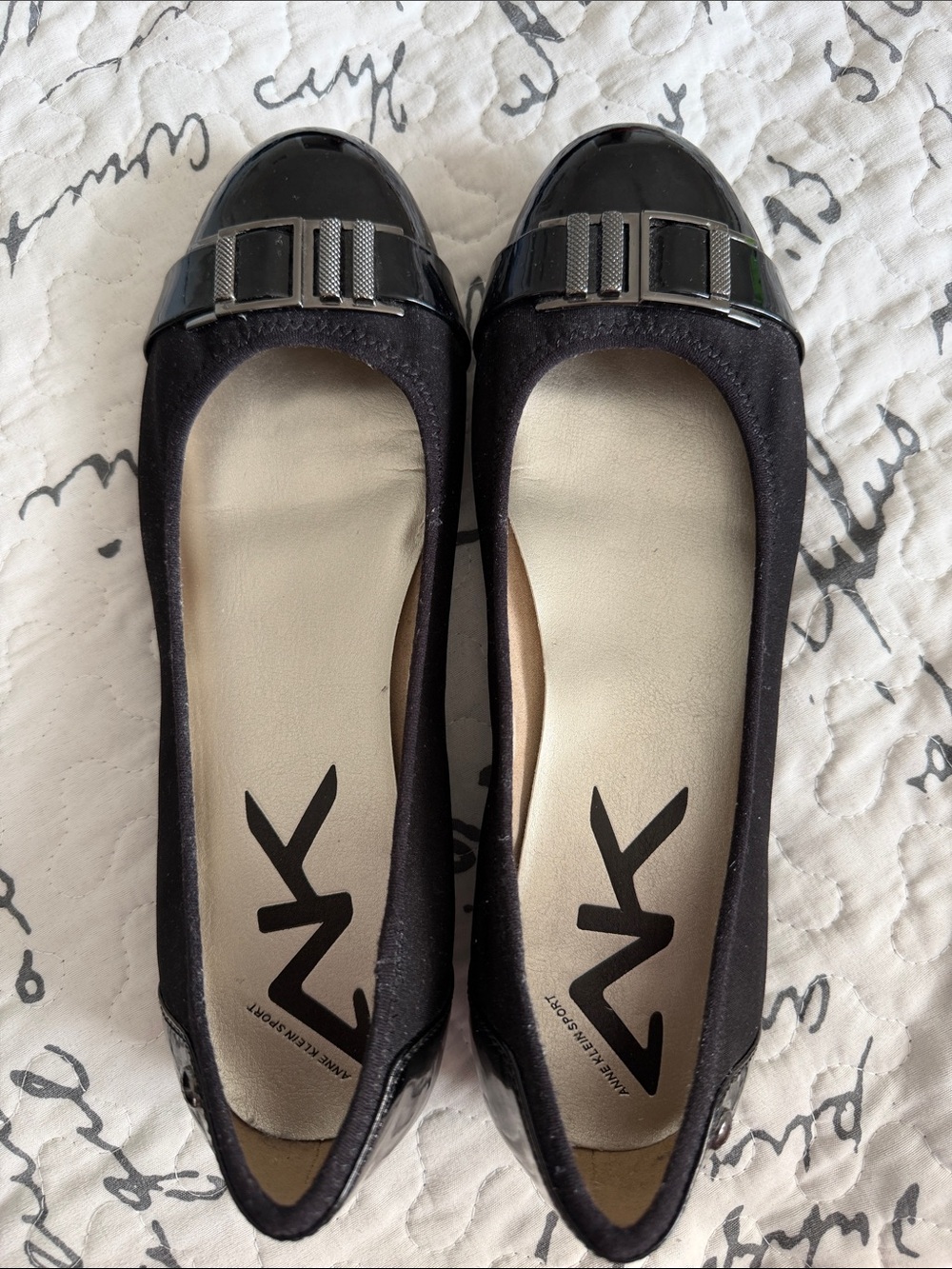 Anne Klein Black Patent Toe Flats with Bow Detail